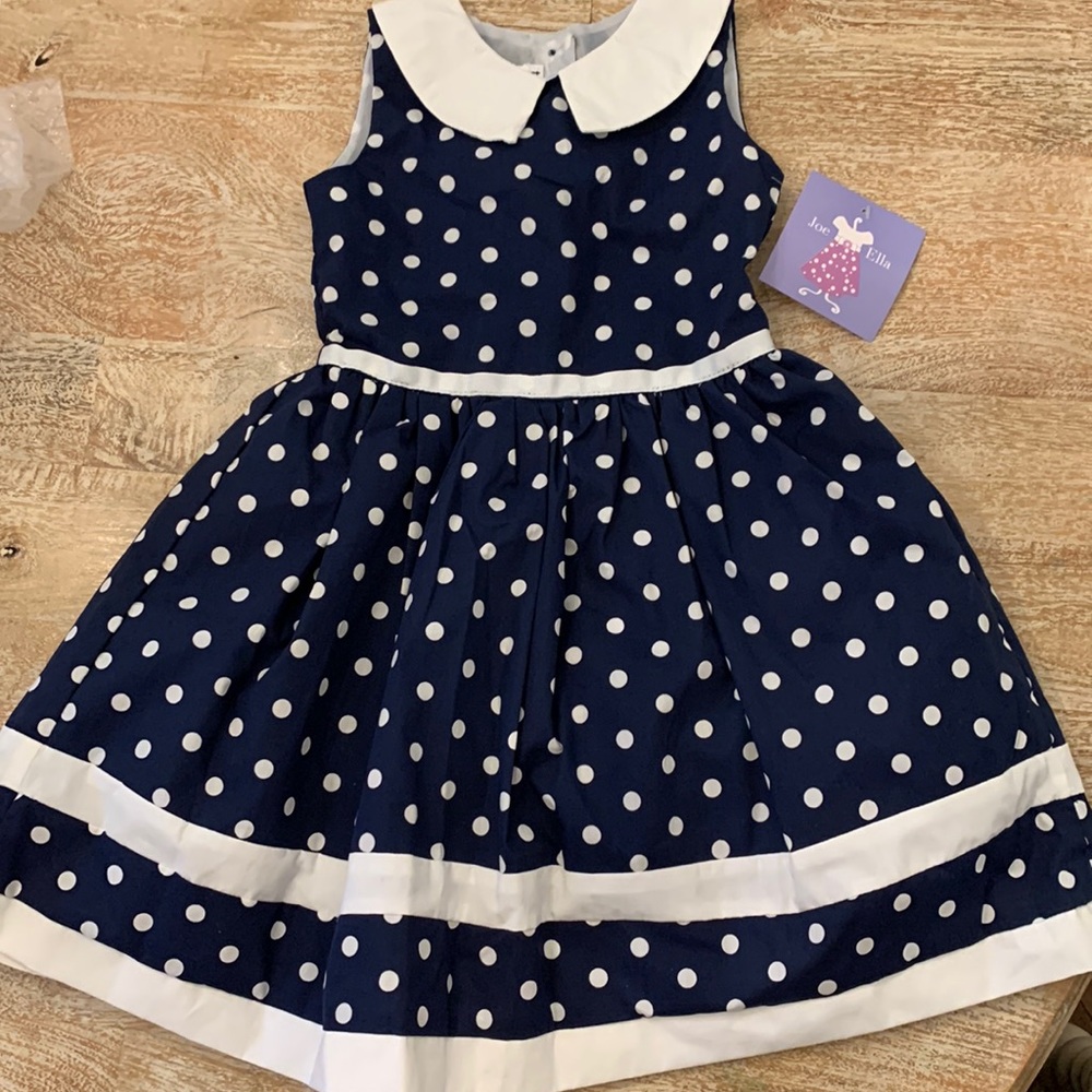 Navy and white polkadot girls dress